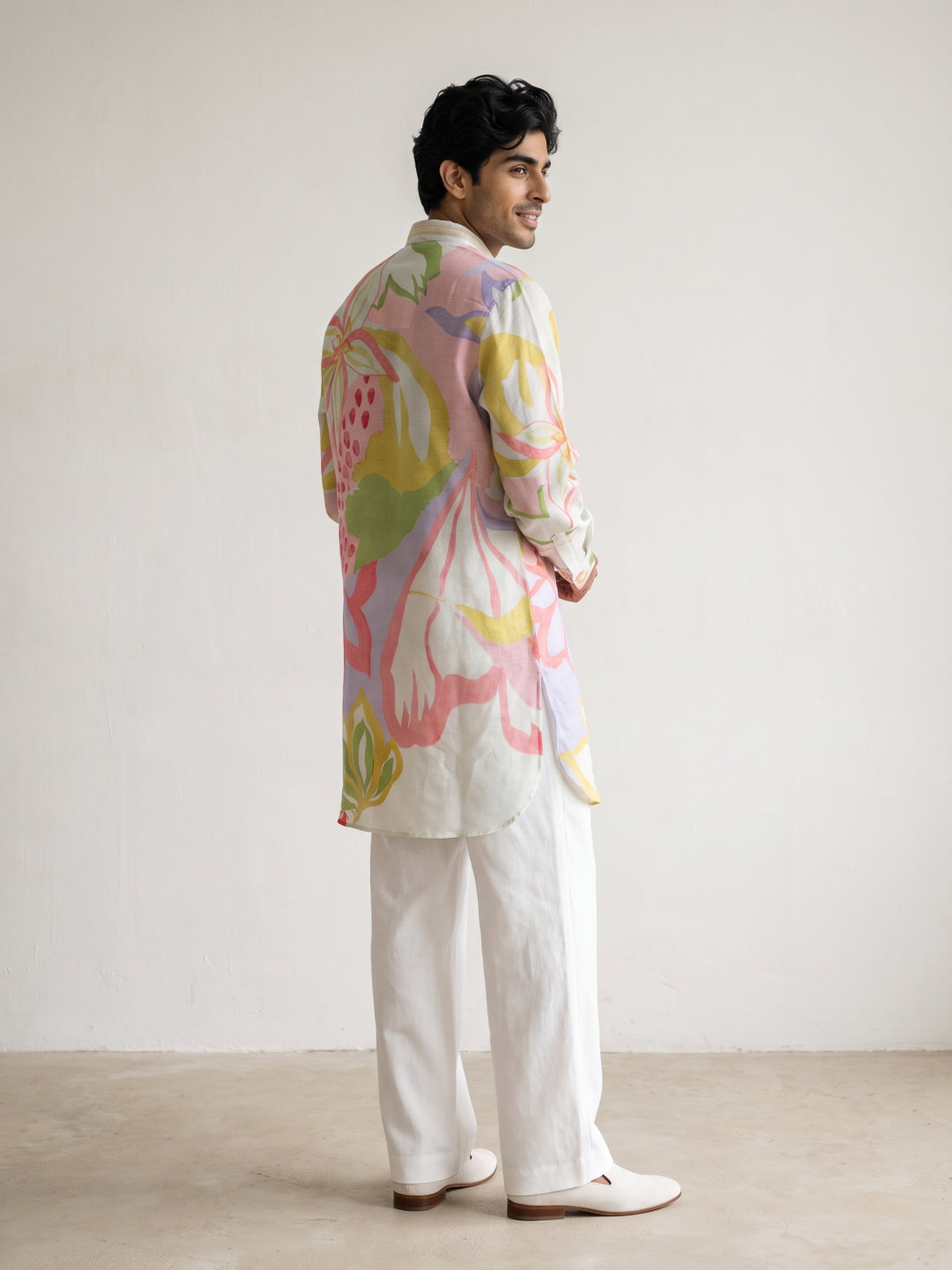 Natural Satin Linen Printed Kurta Set with White Palazzo for Men - KORANM