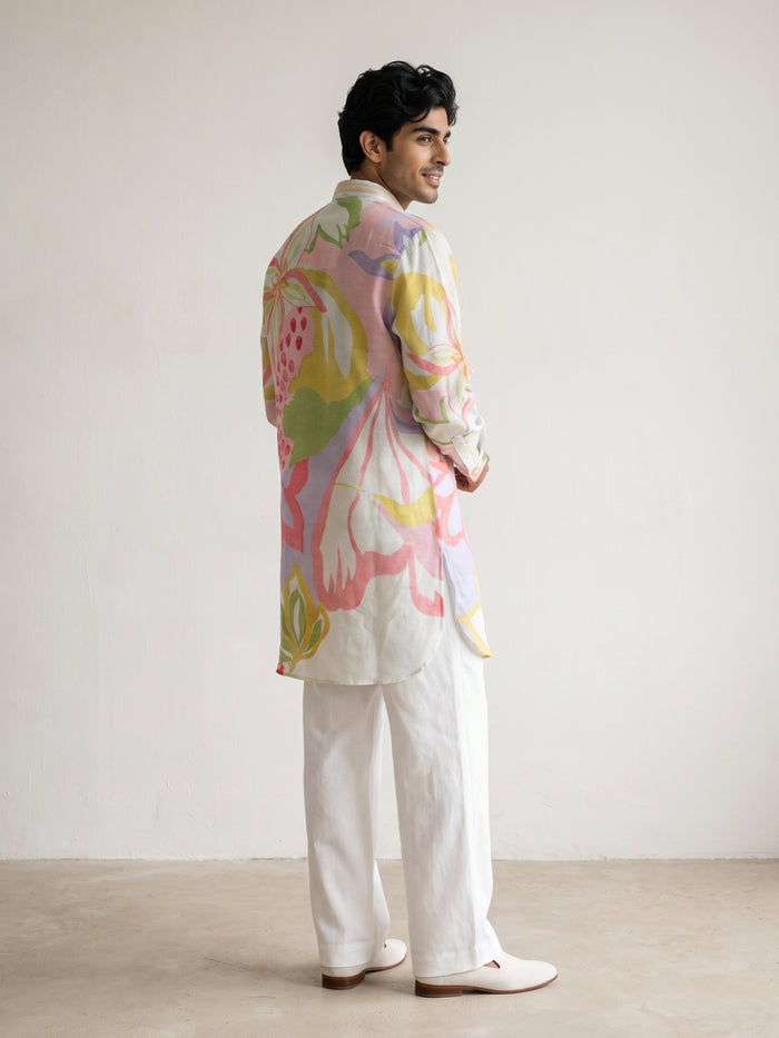 Natural Satin Linen Printed Kurta Set with White Palazzo for Men - KORANM
