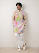 Natural Satin Linen Printed Kurta Set with White Palazzo for Men