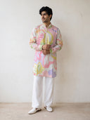 Natural Satin Linen Printed Kurta Set with White Palazzo for Men