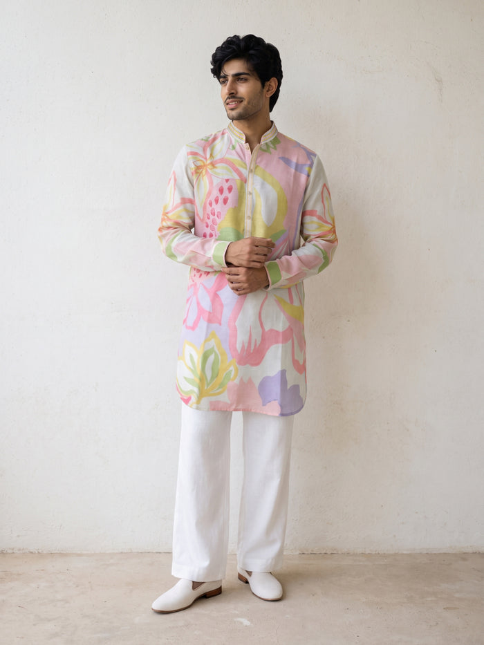 Natural Satin Linen Printed Kurta Set with White Palazzo for Men - KORANM