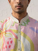 Natural Satin Linen Printed Kurta Set with White Palazzo for Men