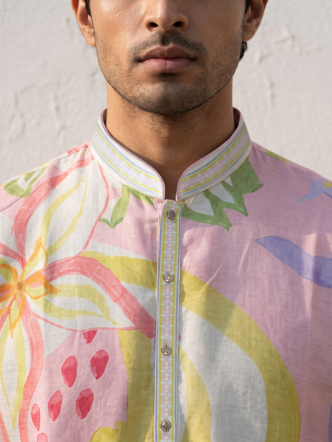 Natural Satin Linen Printed Kurta Set with White Palazzo for Men - KORANM