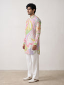 Natural Satin Linen Printed Kurta Set with White Palazzo for Men