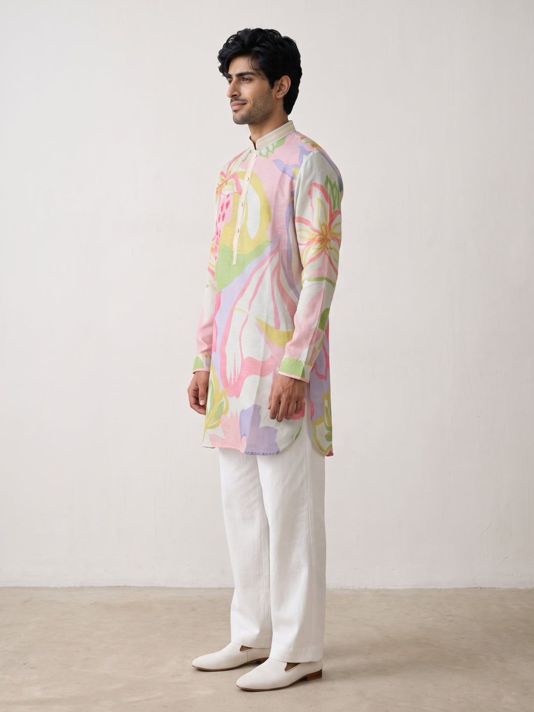 Natural Satin Linen Printed Kurta Set with White Palazzo for Men - KORANM