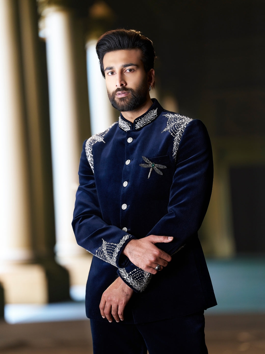 Royal Navy Velvet Embroidered Bandhgala Jodhpuri Set with Matching Pants | Worn by Meezaan Jafri | Kora by Nilesh Mitesh - KORANM
