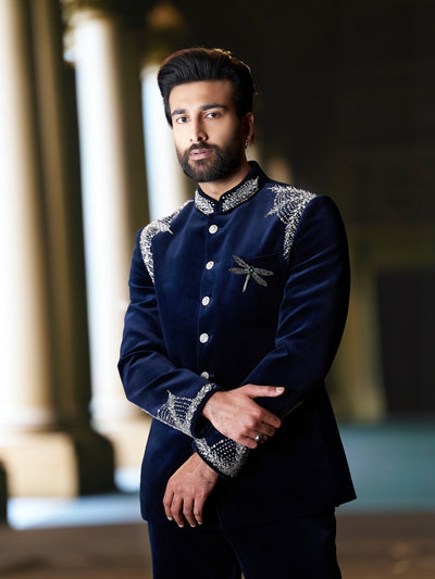 Royal Navy Velvet Embroidered Bandhgala Jodhpuri Set with Matching Pants | Worn by Meezaan Jafri | Kora by Nilesh Mitesh - KORANM