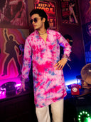 Pink Printed & Mirror Work Kurta Set with Off White palazzo Pant | Men's Festive Wear - KORANM