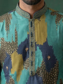 Aqua Blue Silk Kurta Set with White Aligarhi for Men – Embroidered Ethnic Wear - KORANM