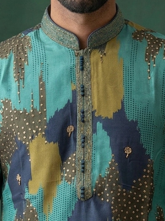 Aqua Blue Silk Kurta Set with White Aligarhi for Men – Embroidered Ethnic Wear - KORANM