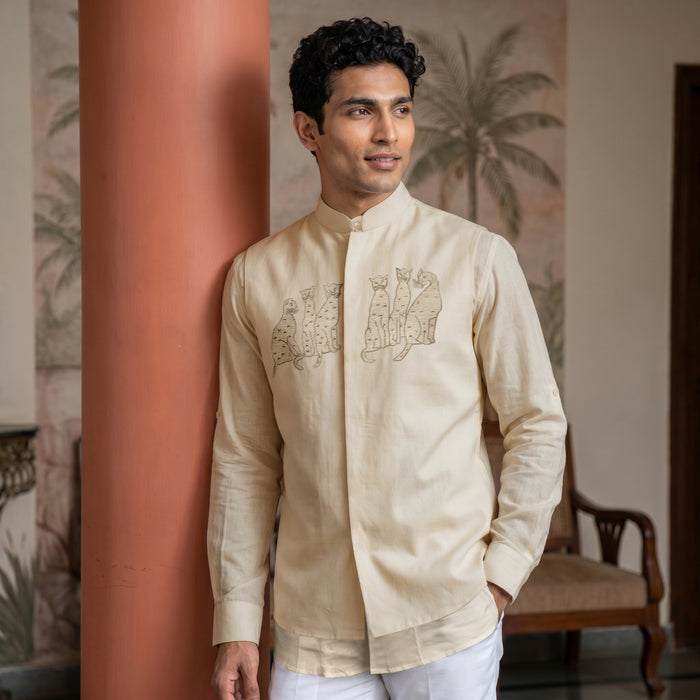 White Linen Bandi Shirt with Animal Design Embroidery - KORANM
