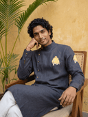 Navy Blue Linen Side-Open Royal Elephant Printed Kurta & White Aligarhi Set