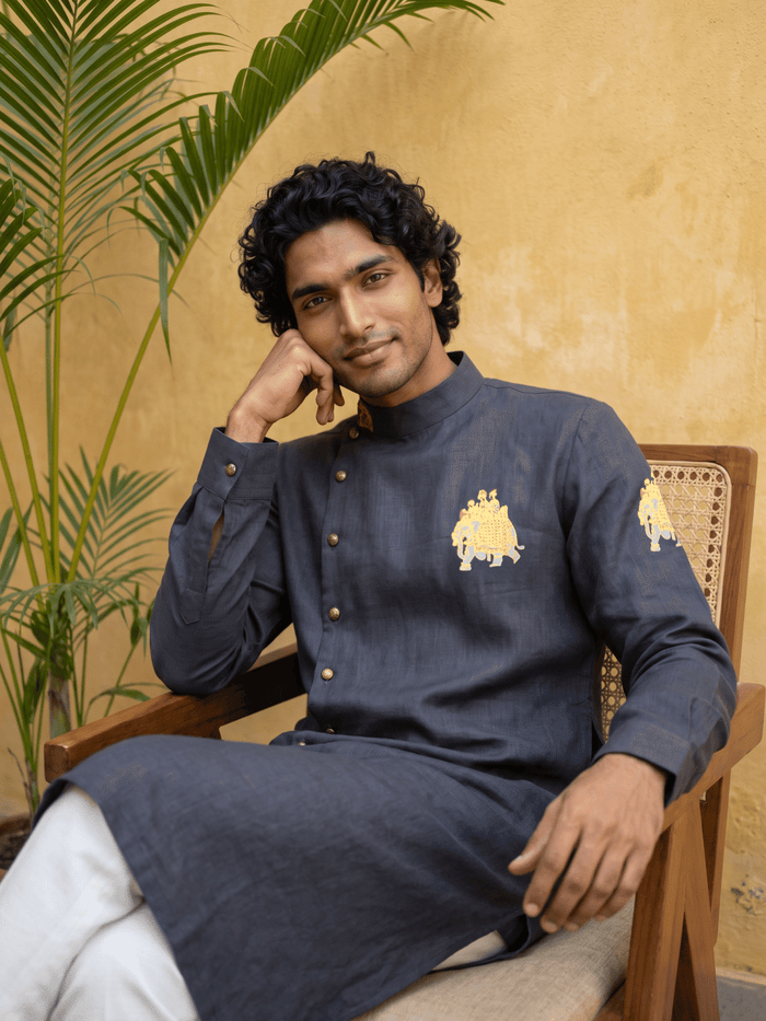 Navy Blue Linen Side-Open Royal Elephant Printed Kurta & White Aligarhi Set - KORANM