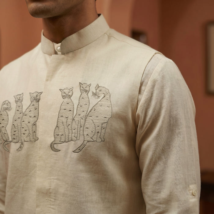White Linen Bandi Shirt with Animal Design Embroidery - KORANM