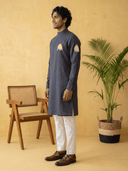 Navy Blue Linen Side-Open Royal Elephant Printed Kurta & White Aligarhi Set