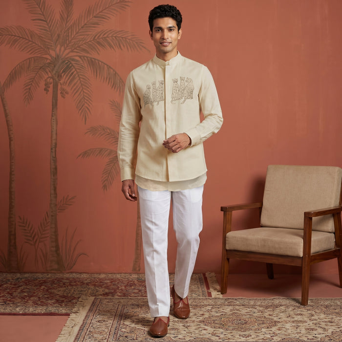 White Linen Bandi Shirt with Animal Design Embroidery - KORANM