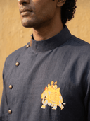 Navy Blue Linen Side-Open Royal Elephant Printed Kurta & White Aligarhi Set