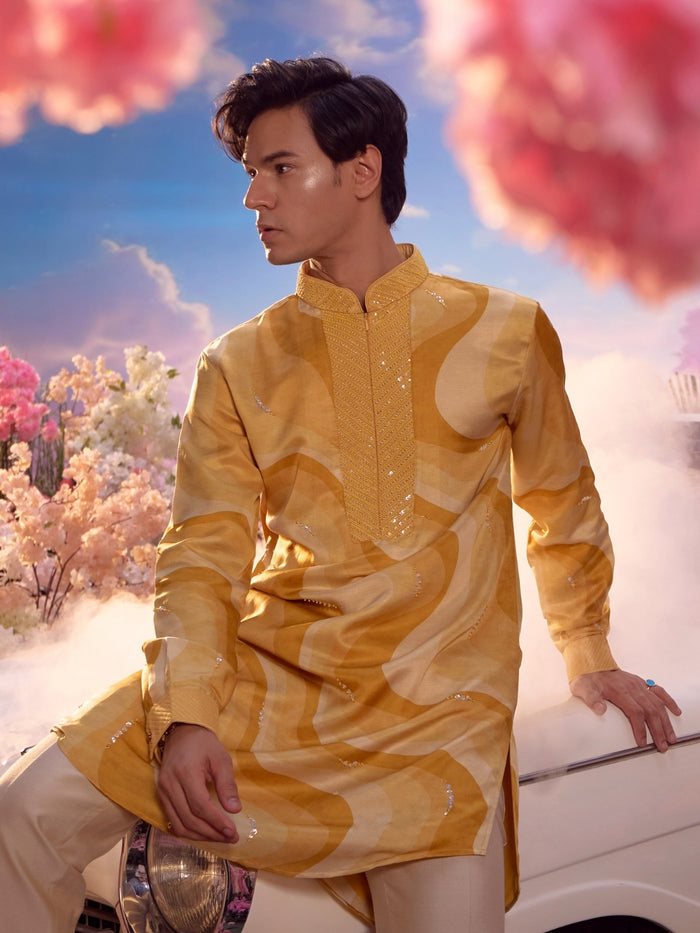 Mustard Linen Satin Embroidered Kurta Set Carnival Collection - KORANM