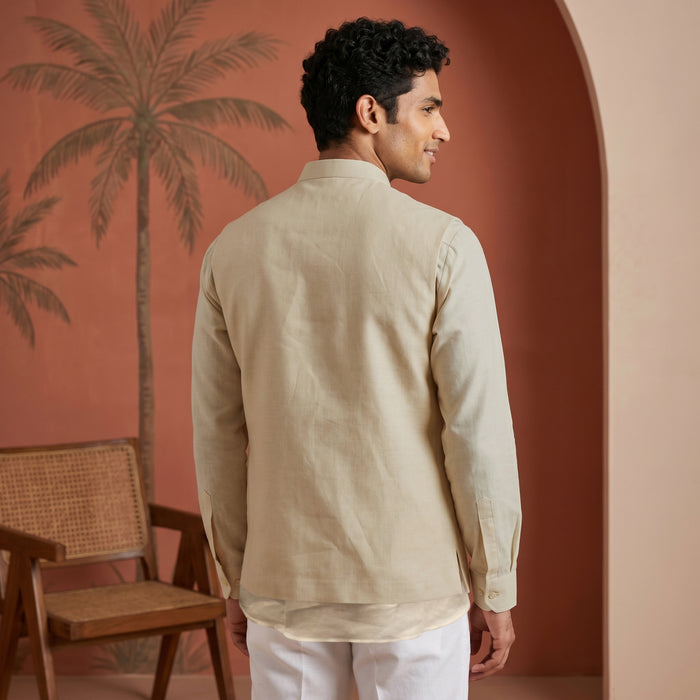 White Linen Bandi Shirt with Animal Design Embroidery - KORANM