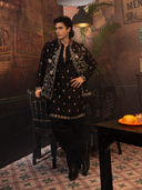 Black Satin Linen Geometric Bandi Jacket Set with Resham Work