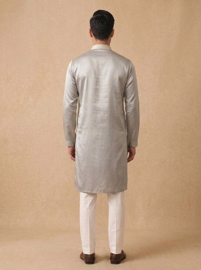 Light Grey Silk Kurta Set for Men with Solid Design and White Aligarhi Bottom - KORANM