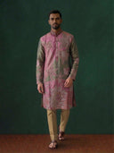 Pink Tissue Silk Kurta Set with Antique Gold Aligarhi – Floral Embroidered Ethnic Wear