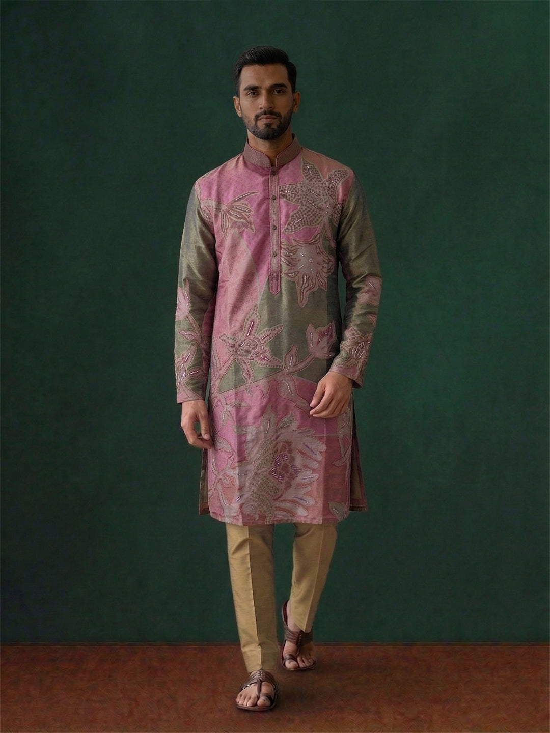 Pink Tissue Silk Kurta Set with Antique Gold Aligarhi – Floral Embroidered Ethnic Wear - KORANM