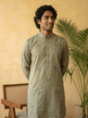 Olive Green Linen Floral Embroidered Kurta & Cream Palazzo Bottom - KORANM