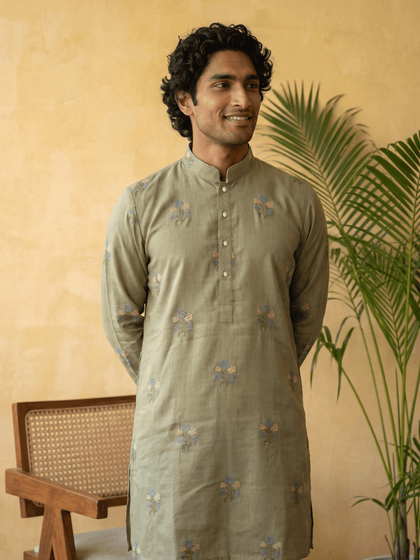 Olive Green Linen Floral Embroidered Kurta & Cream Palazzo Bottom for Men