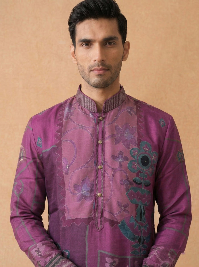 Magenta Kurta Set for Men in Silk with Floral Embroidery & Aligarhi Style - KORANM