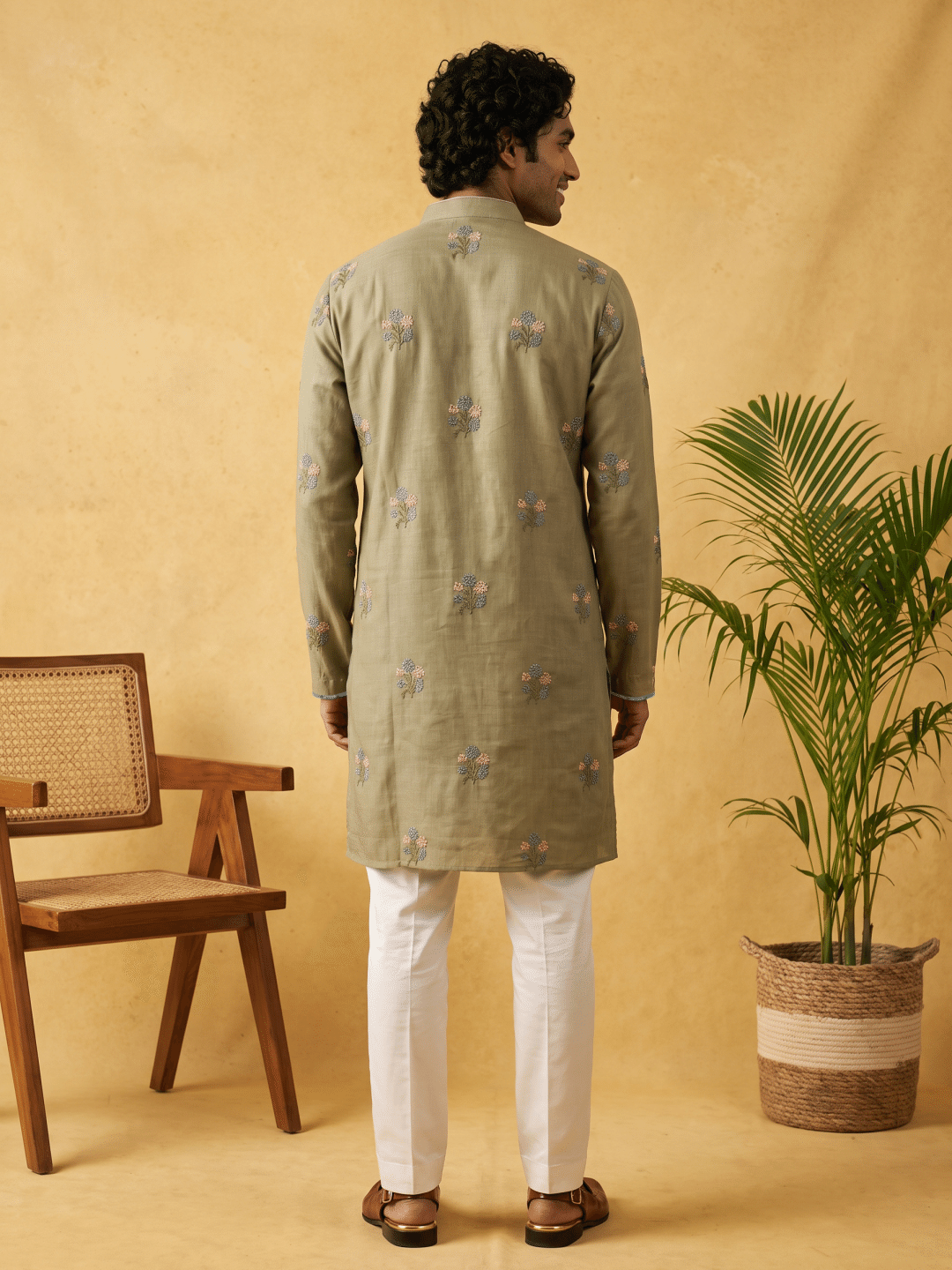 Olive Green Linen Floral Embroidered Kurta & Cream Palazzo Bottom - KORANM