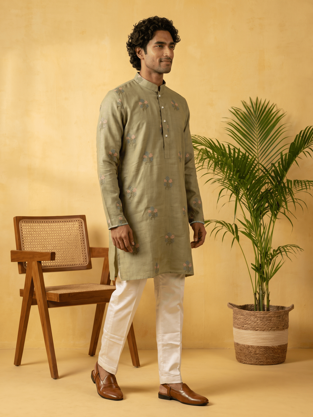 Olive Green Linen Floral Embroidered Kurta & Cream Palazzo Bottom - KORANM