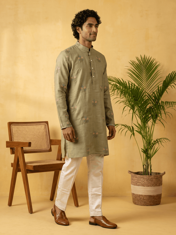Olive Green Linen Floral Embroidered Kurta & Cream Palazzo Bottom - KORANM