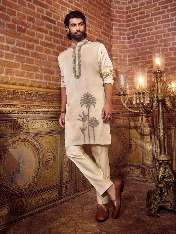 Classic Fawn Satin Linen Kurta Set - KORANM