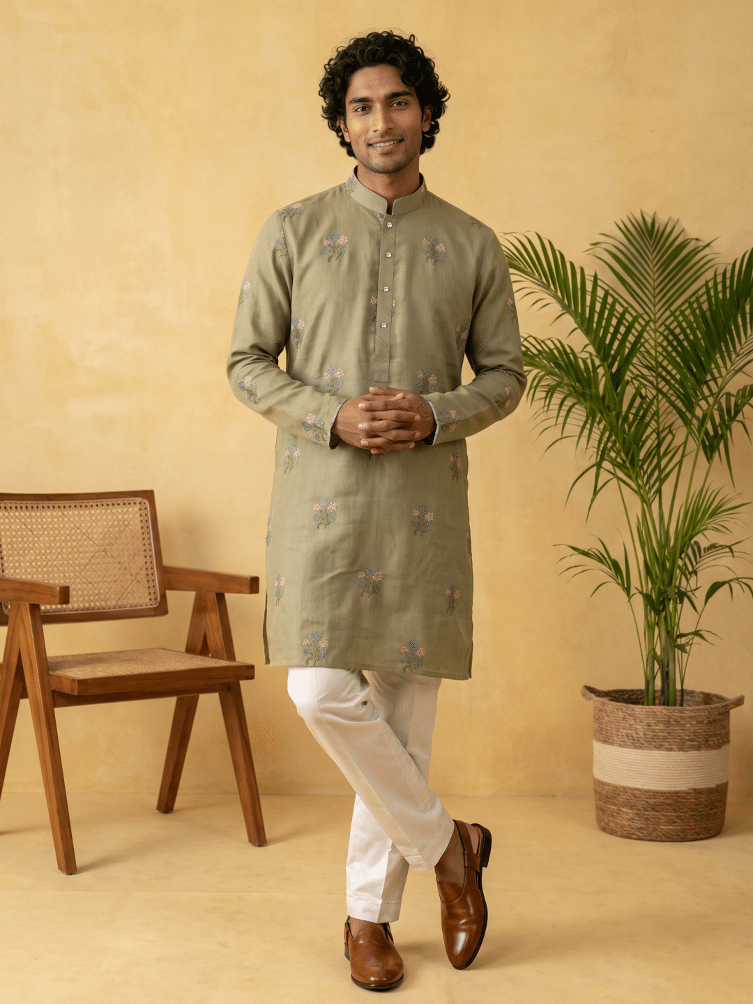 Olive Green Linen Floral Embroidered Kurta & Cream Palazzo Bottom - KORANM