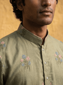 Olive Green Linen Floral Embroidered Kurta & Cream Palazzo Bottom - KORANM