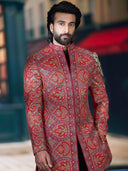 Classic Red Embroidered Indo-Western Set with Black Pants | Worn by Meezaan Jafri | Kora by Nilesh Mitesh