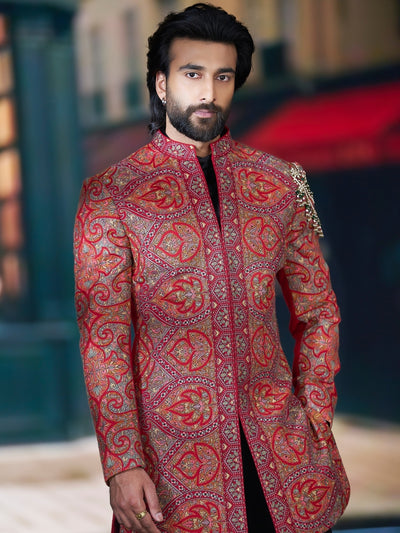 Classic Red Embroidered Indo-Western Set with Black Pants | Worn by Meezaan Jafri | Kora by Nilesh Mitesh - KORANM