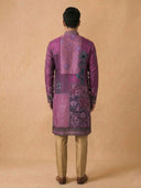 Magenta Kurta Set for Men in Silk with Floral Embroidery & Aligarhi Style