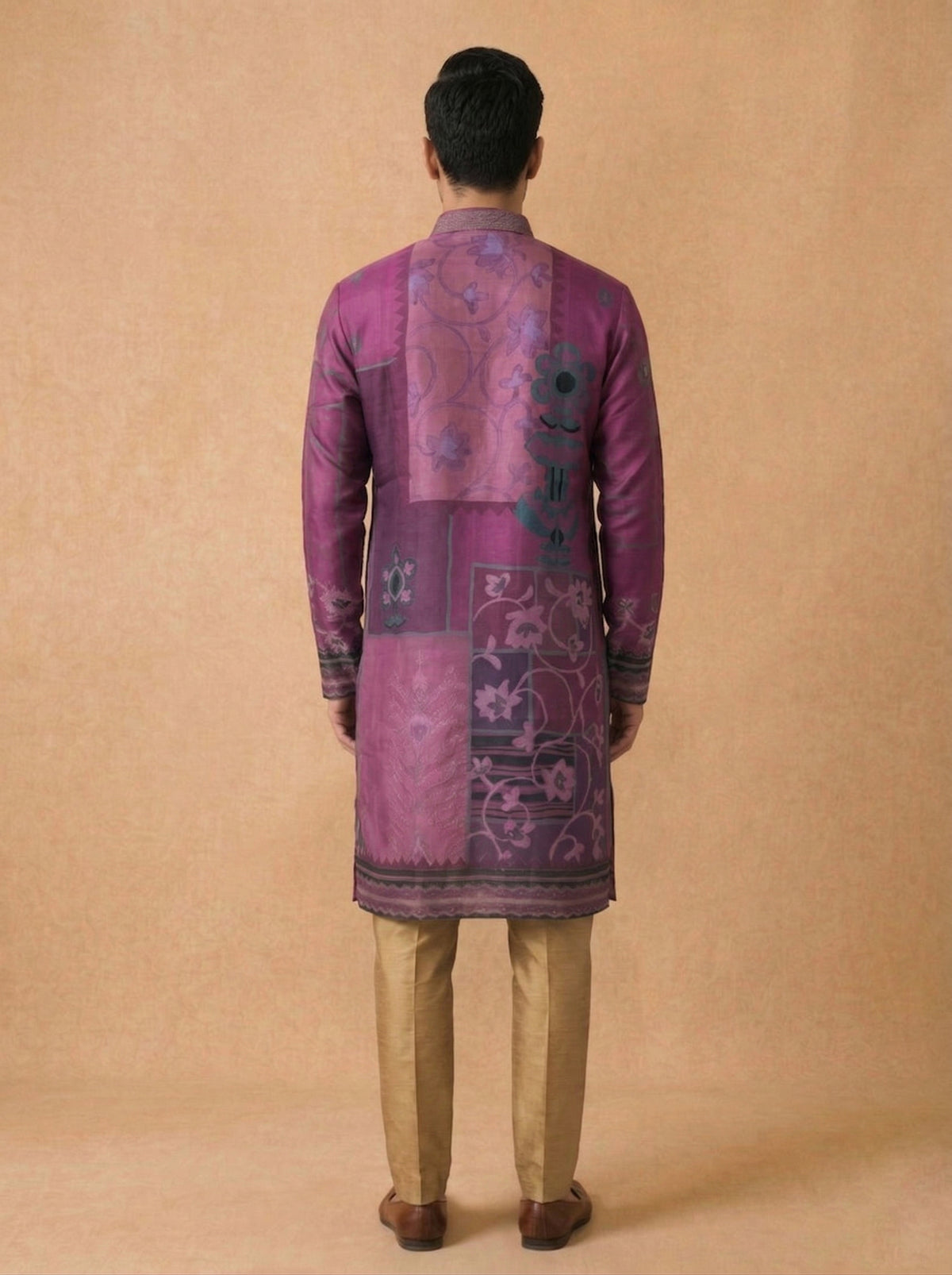 Magenta Kurta Set for Men in Silk with Floral Embroidery & Aligarhi Style - KORANM