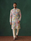 Natural Silk Kurta Set with Cream Aligarhi – Geometric Printed Ethnic Wear for Men