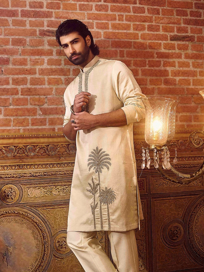 Classic Fawn Satin Linen Kurta Set - KORANM