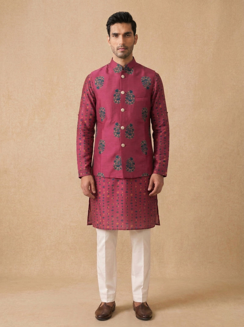 Maroon Silk Bandi Kurta Set with White Aligarhi for Men – Paisley Ethnic Wear - KORANM