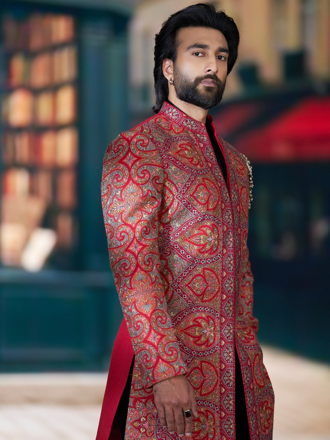 Classic Red Embroidered Indo-Western Set with Black Pants | Worn by Meezaan Jafri | Kora by Nilesh Mitesh - KORANM