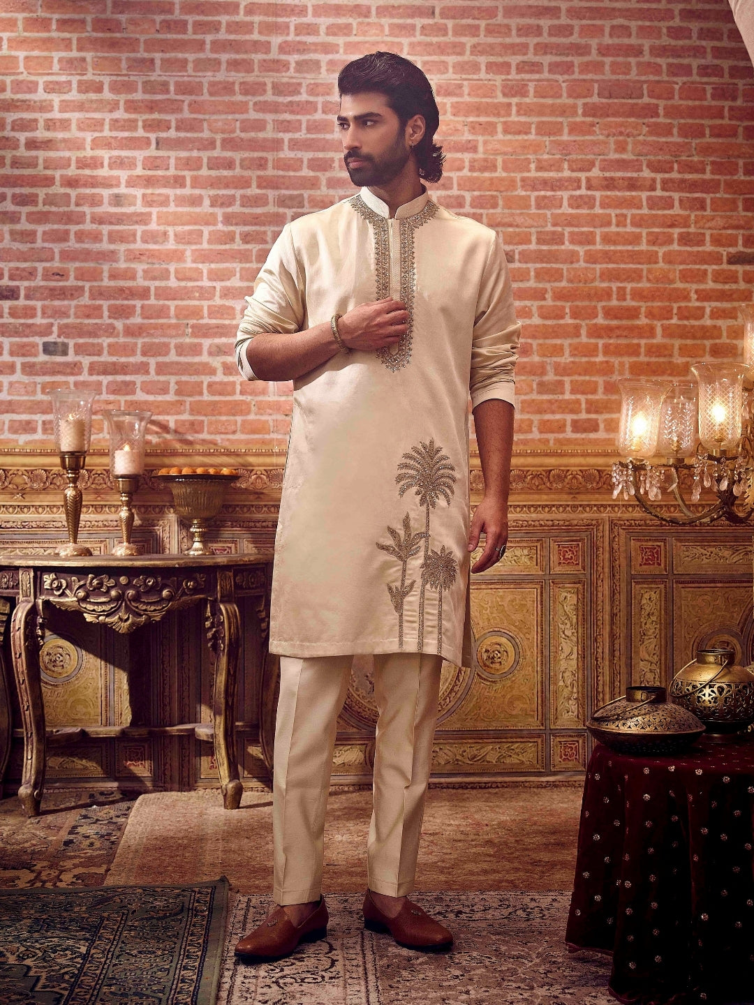 Classic Fawn Satin Linen Kurta Set - KORANM