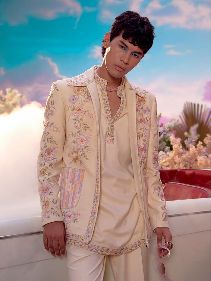 Cream Velvet Embroidered Jodhpuri Set – Carnival Collection - KORANM