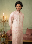 Cream & Peach Silk Embroidered Kurta with Aligarhi Bottoms