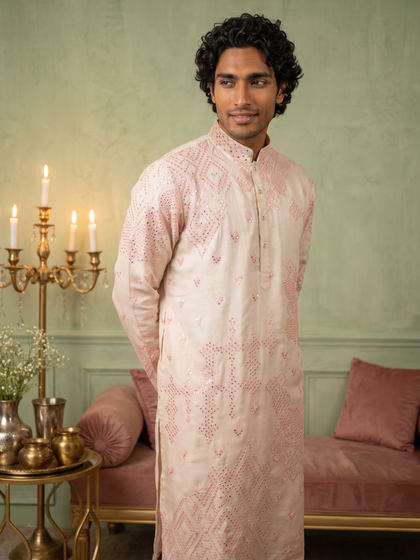 Cream & Peach Silk Embroidered Kurta with Aligarhi Bottoms