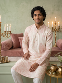 Cream & Peach Silk Embroidered Kurta with Aligarhi Bottoms