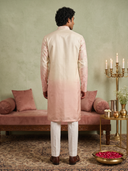 Cream & Peach Silk Embroidered Kurta with Aligarhi Bottoms